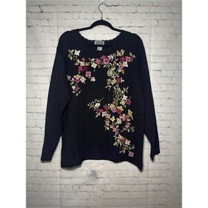 Vintage 90's Fashion Elements Black Floral Embroidered Long Sleeve Sweater Sz LG